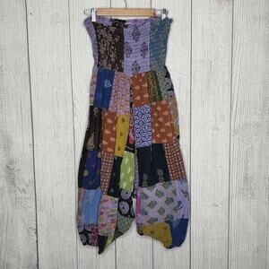 Tribe Azure Patchwork Strapless Harem Jumpsuit Cotton Fair Trade, sz L/XL